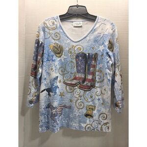 Cactus Bay Shirt Womens Medium 3/4 Sleeve V-Neck Patriotic Cotton Top USA Made